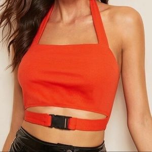 Neon Orange Cutout Push Buckle Front Crop Top